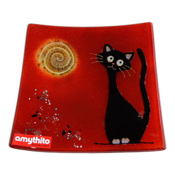 Γυάλινο Χειροποίητο Πιάτο 20χ20χ3 κόκκινο - amythito 001116.4571 - γυαλί, διακόσμηση, γάτα, πιατάκια & δίσκοι