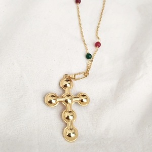 Κολιέ με σταυρό χρωματιστό - ημιπολύτιμες πέτρες, επιχρυσωμένα, σταυρός, μακριά, ροζάριο - 2