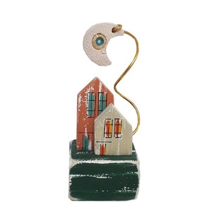 Διακοσμητικό επιτραπέζιο ξύλινο χειροποίητο Σπίτια με κεραμικό φεγγάρι 8x12x3,5 Πολύχρωμο Καπαδάκης - ξύλο, ζωγραφισμένα στο χέρι, σπίτι, χειροποίητα, διακοσμητικά
