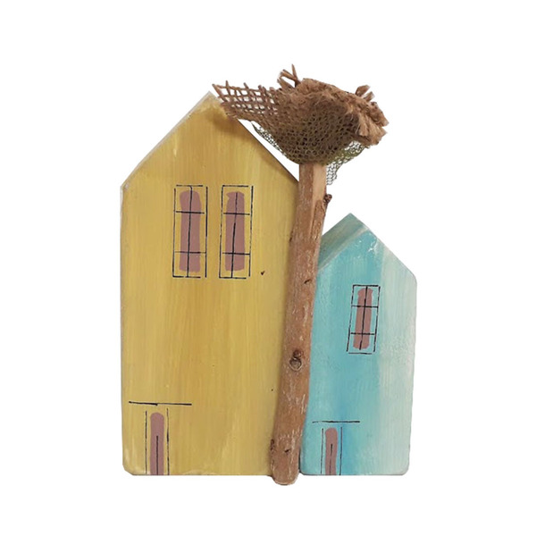 Διακοσμητικό επιτραπέζιο ξύλινο χειροποίητο 2 Σπίτια με δέντρο 11,5x16x3,5 Πολύχρωμο Καπαδάκης - ξύλο, ζωγραφισμένα στο χέρι, σπίτι, χειροποίητα, διακοσμητικά