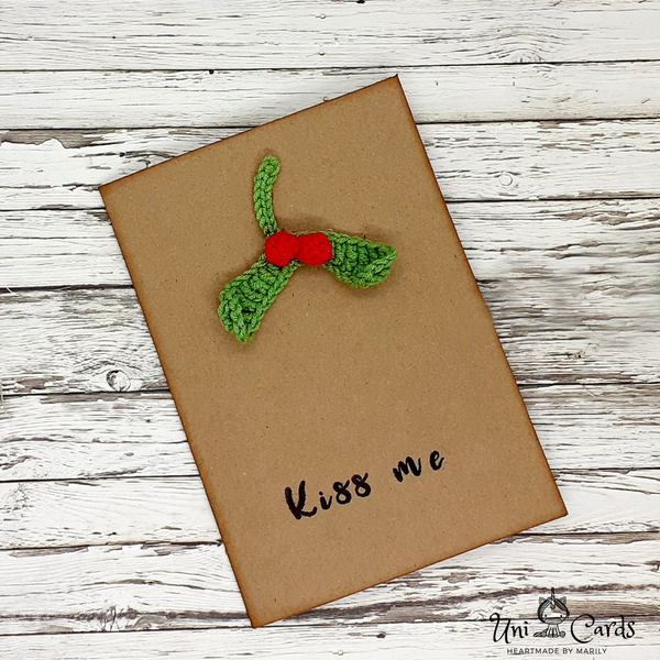 Ευχετήρια Κάρτα Χριστουγέννων - Mistletoe - crochet, βελονάκι, χριστουγεννιάτικο, κάρτα ευχών, ευχετήριες κάρτες - 2