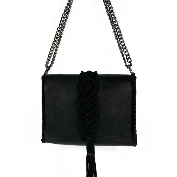 Urban Queen χειροποίητη μαύρη δερμάτινη τσάντα με μακραμέ “Vanity” - δέρμα, ώμου, μακραμέ, πλεκτές τσάντες, μικρές