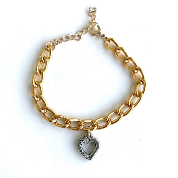 Βραχιόλι αλυσίδα χρυσαφί με καρδιά ασημί - αλυσίδες, καρδιά, κοσμήματα, βαλεντίνος, αγ. βαλεντίνου, χεριού - 4
