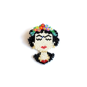 Καρφίτσα με γυάλινες χάντρες miyuki γυναίκα με λουλούδια - μήκος 7.0εκ. - χειροποίητα, χάντρες, miyuki delica, frida kahlo
