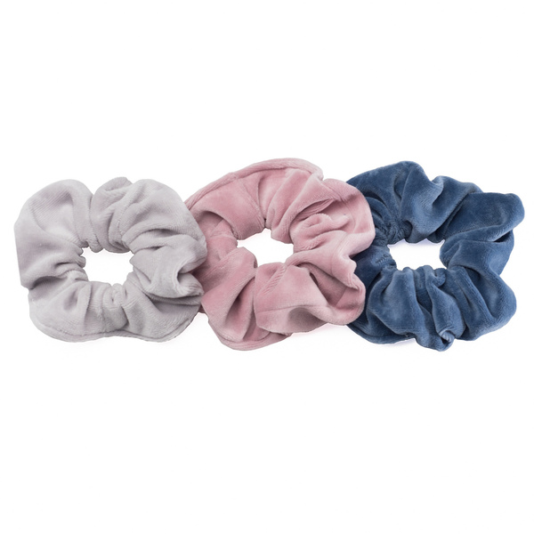 Σετ 3 λαστιχάκια scrunchies βελούδο γκρι μπλε ροζ - λαστιχάκια μαλλιών