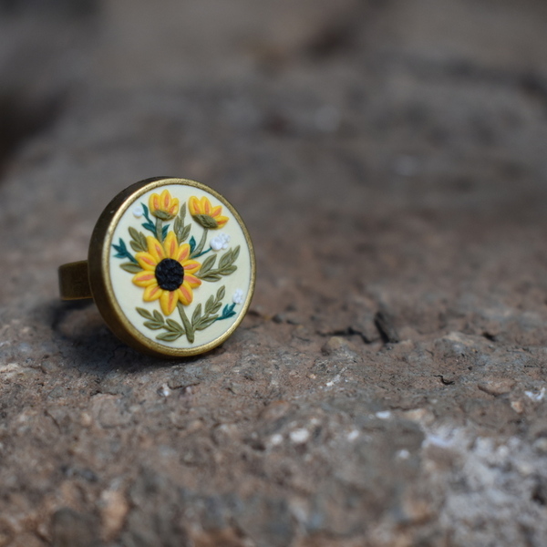 "Sunflowers"- Χειροποίητο δαχτυλίδι - vintage, πηλός, μικρά, αυξομειούμενα - 2