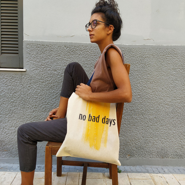 NO BAD DAYS Οικολογική Τσάντα|Tote Τσάντα με Μπλε Χερούλια - ώμου, μεγάλες, all day, δώρα γενεθλίων, unisex gifts - 4