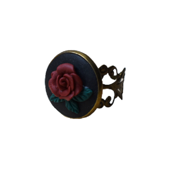 "Blooming rose"- Χειροποίητο δαχτυλίδι με τριαντάφυλλο (πηλός, μπρούτζος, αυξομειούμενο) - vintage, τριαντάφυλλο, πηλός, μικρά, αυξομειούμενα