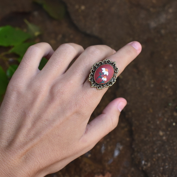 "Minimal daisies"- Χειροποίητο δαχτυλίδι με μαργαρίτες (μπρούτζος, αυξομειούμενο) - vintage, πηλός, μπρούντζος, αυξομειούμενα - 3
