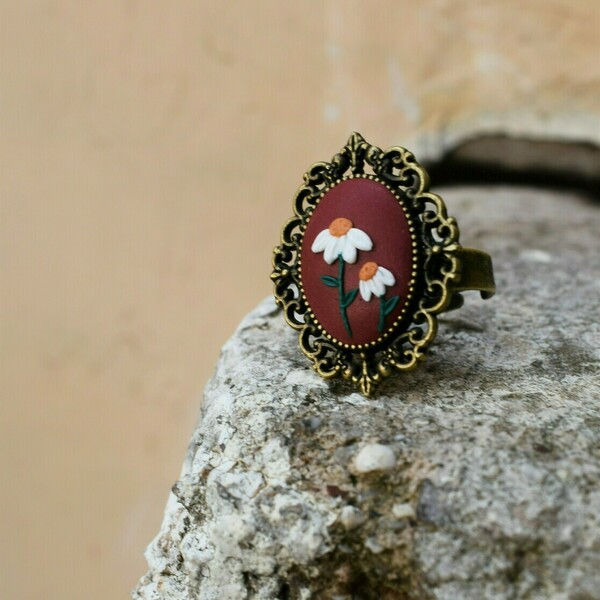 "Minimal daisies"- Χειροποίητο δαχτυλίδι με μαργαρίτες (μπρούτζος, αυξομειούμενο) - vintage, πηλός, μπρούντζος, αυξομειούμενα - 4