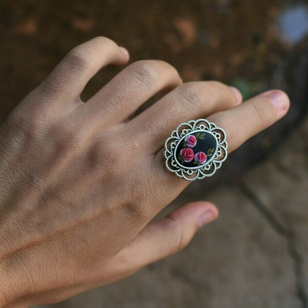 "Mystical"- Χειροποίητο vintage δαχτυλίδι με τριαντάφυλλα - vintage, τριαντάφυλλο, πηλός, μικρά, αυξομειούμενα