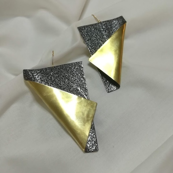 Διπλωμένα Τετράγωνα Σκουλαρίκια - μπρούντζος, κρεμαστά, μεγάλα, faux bijoux - 2