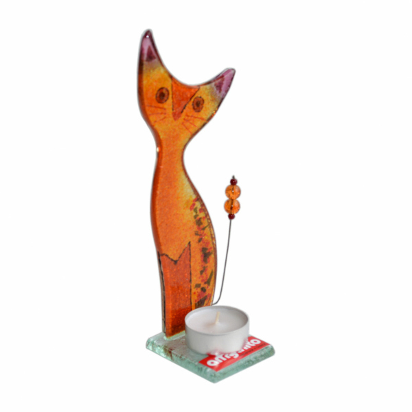 Γυάλινη Διακοσμητική Γάτα Ρεσώ 21χ8χ6 πορτοκαλί - amythito 06523555 - γυαλί, χειροποίητα, ρεσώ & κηροπήγια, βάσεις για ρεσώ, μινιατούρες φιγούρες - 2