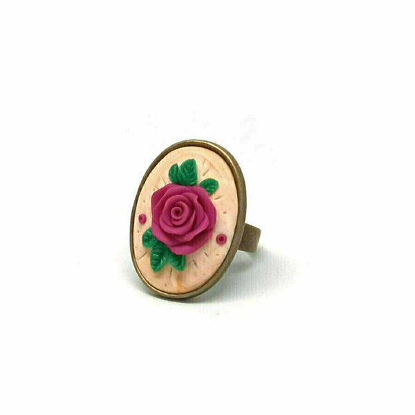 Δαχτυλίδι οβάλ vintage με μπορντό τριαντάφυλλο από πολυμερικό πηλό - vintage, τριαντάφυλλο, πηλός, αυξομειούμενα - 3