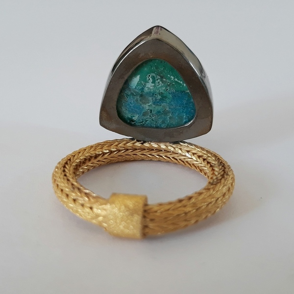 Chrysocolla Triangle Ring - Τρίγωνο Δαχτυλίδι με Χρυσόκολλα - ασήμι, ημιπολύτιμες πέτρες, μεγάλα - 3