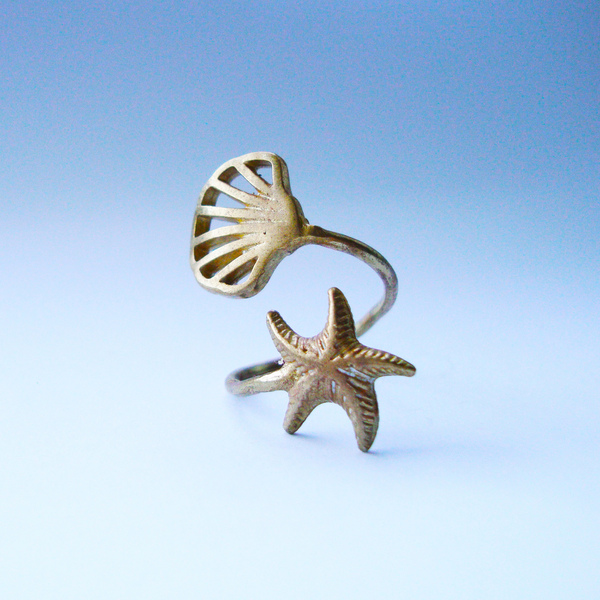 Μπρούντζινο χειροποίητο δαχτυλίδι με αστερία και κοχύλι - μικρά, μπρούντζος, αυξομειούμενα, φθηνά