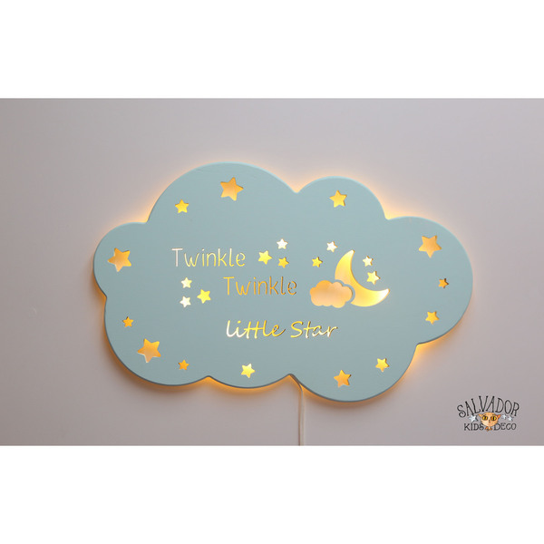 Χειροποίητο ξύλινο φωτιστικό συννεφάκι "Little Star" - βρεφικά, παιδικά φωτιστικά - 2