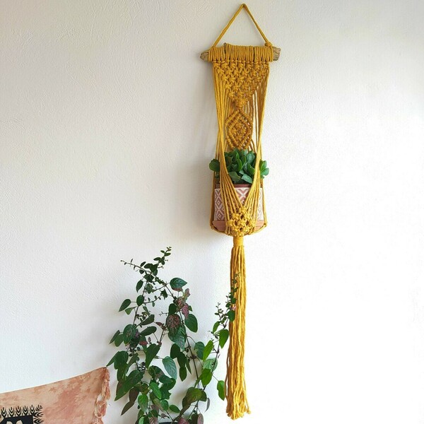 Boho κρεμαστή μακραμέ βάση γλάστρας (plant hanger) (016) - δώρο, μακραμέ, boho, διακοσμητικά, διακόσμηση κήπου - 2