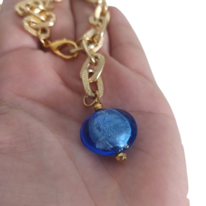 Βραχιόλι με χοντρή αλυσίδα αλουμινίου ματ χρυσό 20εκ με μπλε πέτρα τύπου Μουράνο - αλυσίδες, γυαλί, καρδιά, χάντρες, εντυπωσιακό, χεριού - 3