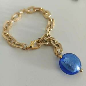 Βραχιόλι με χοντρή αλυσίδα αλουμινίου ματ χρυσό 20εκ με μπλε πέτρα τύπου Μουράνο - αλυσίδες, γυαλί, καρδιά, χάντρες, εντυπωσιακό, χεριού - 4