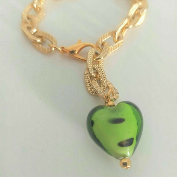 Βραχιόλι με χοντρή αλυσίδα αλουμινίου ματ χρυσό 20εκ με πράσινη χάντρα καρδιά τύπου Μουράνο - αλυσίδες, καρδιά, χάντρες, εντυπωσιακό, χεριού - 4