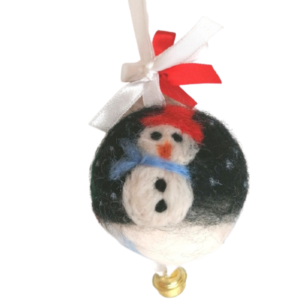 handmade wool needle felted Christmas ornament with bell snow man and tree - 2