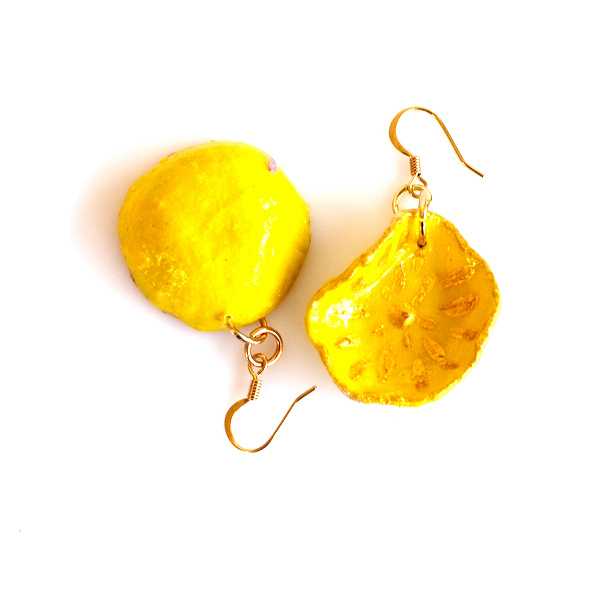Σκουλαρίκια κίτρινα με χρυσό - ζωγραφισμένα στο χέρι, χειροποίητα, κρεμαστά - 3