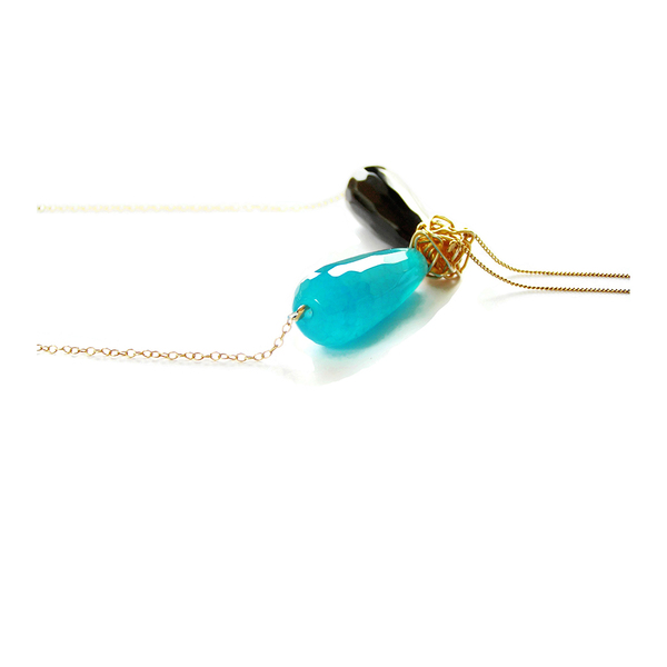 Χειροποίητο εκλεπτυσμένο επιχρυσωμένο κολιέ blue black agate gold chain necklace. - ασήμι, ημιπολύτιμες πέτρες, επιχρυσωμένα, μακριά - 3