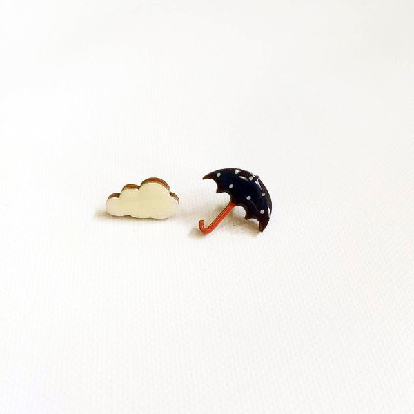 Stud earrings “Mini Rain”. - ξύλο, γυαλί, ζωγραφισμένα στο χέρι, καρφωτά, μικρά - 2