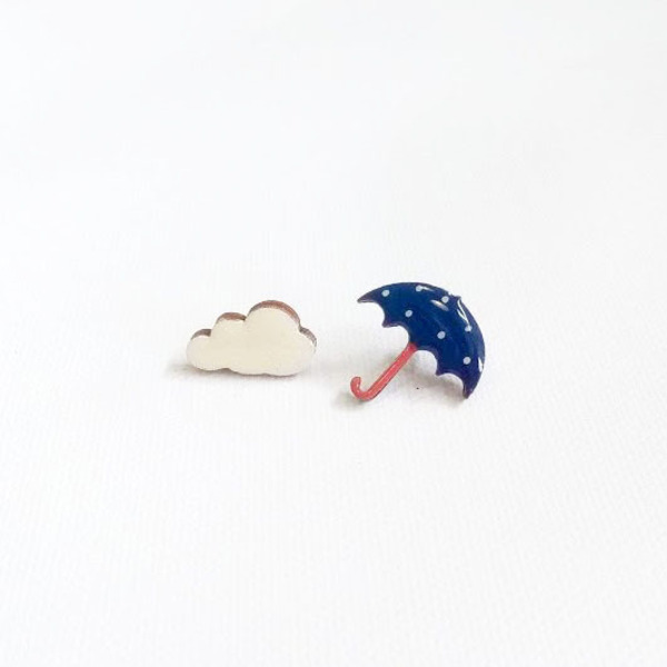 Stud earrings “Mini Rain”. - ξύλο, γυαλί, ζωγραφισμένα στο χέρι, καρφωτά, μικρά - 3