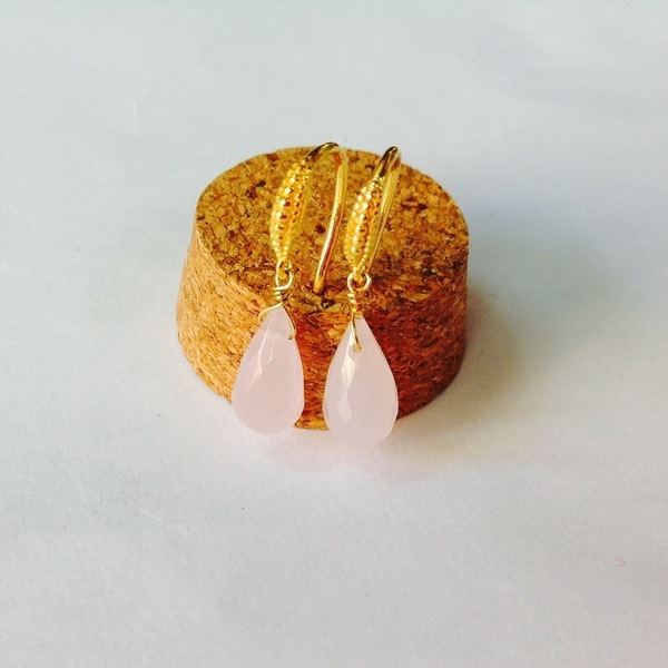 Rumi drops earrings ροζ χαλαζίας - ασήμι, ημιπολύτιμες πέτρες, επιχρυσωμένα, μικρά, κρεμαστά - 2