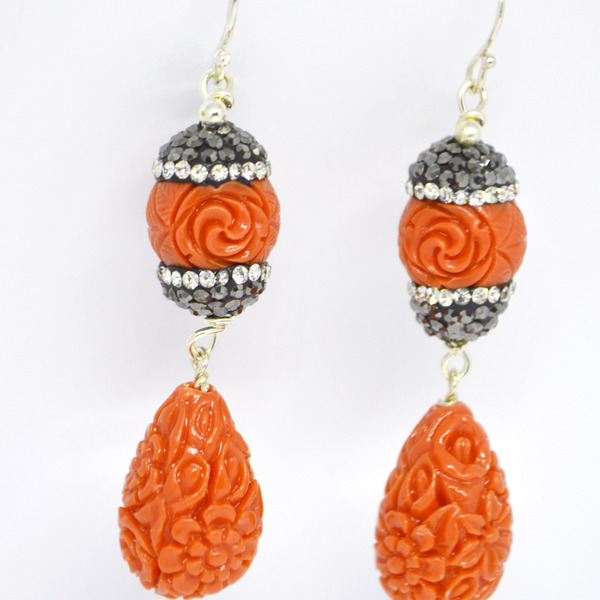 Σκουλαρίκια με έθνικ στοιχεία από πορτοκαλί πάστα κοράλλι και μαρκασίτη - ασήμι, πέτρες, boho, κρεμαστά, μεγάλα
