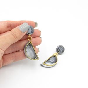Marble semicircle earrings - ημικύκλιο σκουλαρίκια με εφέ μάρμαρο από πολυμερικό πηλό - πηλός, χειροποίητα, minimal, κρεμαστά - 2