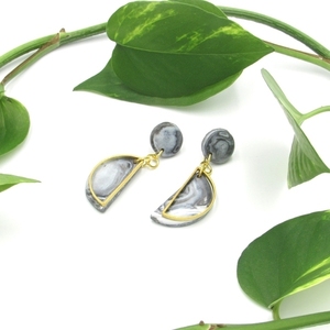 Marble semicircle earrings - ημικύκλιο σκουλαρίκια με εφέ μάρμαρο από πολυμερικό πηλό - πηλός, χειροποίητα, minimal, κρεμαστά - 3