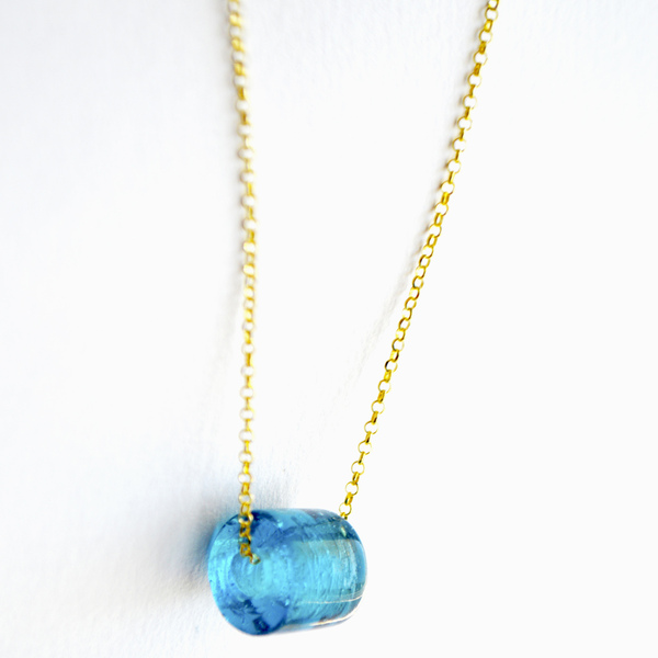 Κολιέ γαλάζια ροδέλα γυάλινη, αλυσίδα 925 επίχρυση - charms, επιχρυσωμένα, ασήμι 925, κοντά