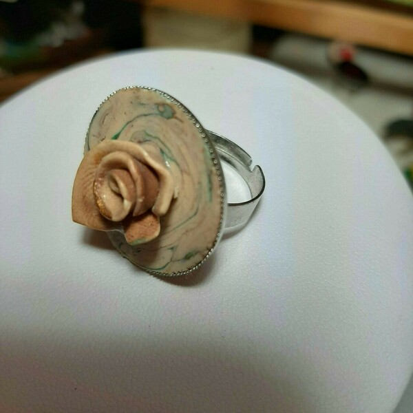 Δακτυλίδι χειροποίητο με πηλό - τριαντάφυλλο, πηλός, boho, μεγάλα, αυξομειούμενα - 2