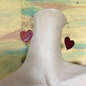 Ασημένια χειροποίητα σκουλαρίκια "Καρδιές" με κόκκινο σμάλτο - ασήμι, καρδιά, αγάπη, κρεμαστά, μεγάλα - 2