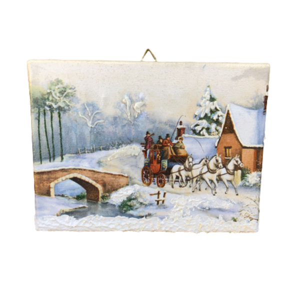 Χριστουγεννιάτικο καδράκι 'Αμαξα σε χιονισμένο τοπίο με φωτάκια - χειροποίητα, διακοσμητικά, χριστουγεννιάτικα δώρα, πρωτότυπα δώρα