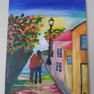 Βόλτα στο χωριό, ζωγραφισμένος στο χέρι καμβάς - πίνακες & κάδρα