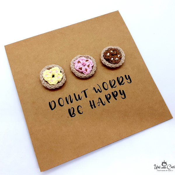 Ευχετήρια κάρτα με λογοπαίγνιο - "Donut worry be happy" - βελονάκι, χιουμοριστικό, κάρτα ευχών, γενική χρήση - 2