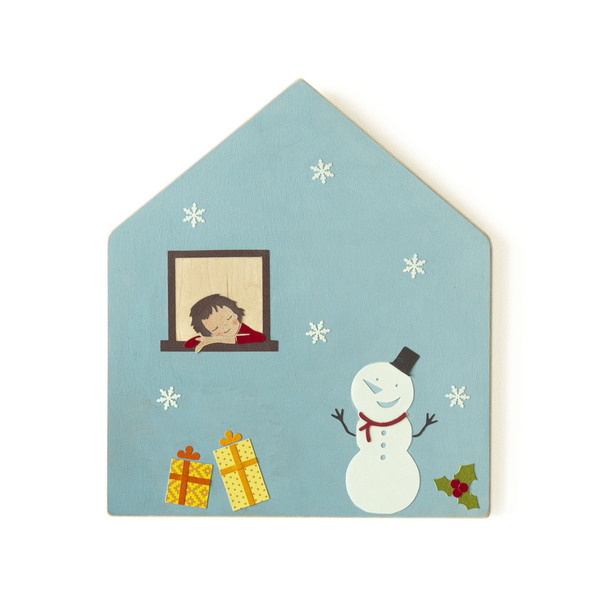 Ξύλινο χριστουγεννιάτικο κάδρο σπιτάκι με χιονάνθρωπο, 24x27 εκ - ξύλο, πίνακες & κάδρα, σπίτι, σπιτάκι, δώρα για παιδιά, διακοσμητικά