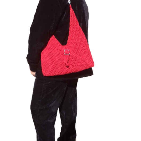 Πλεκτή κόκκινη τσάντα φάκελος με ασημί αλυσίδα. Υψος 35εκ. Μήκος 35εκ. - νήμα, ώμου, all day, πλεκτή, πλεκτές τσάντες - 4