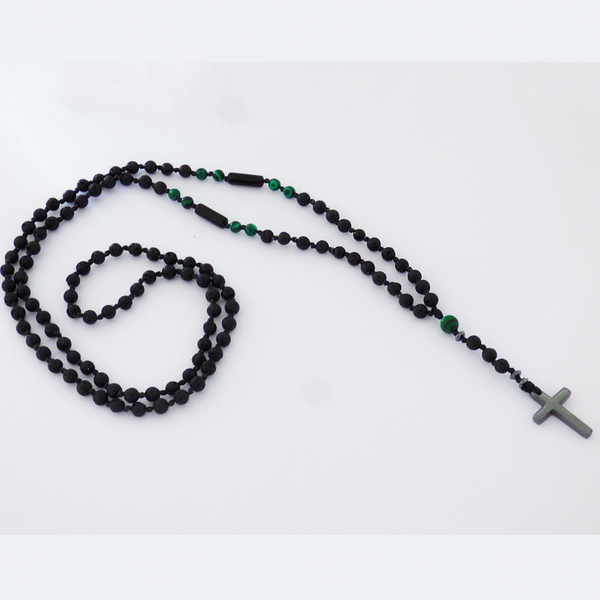 Ανδρικό χειροποίητο Ροζάριο hematite cross - malachite - κολιέ, ροζάριο, δώρα για άντρες, σταυρός - 4
