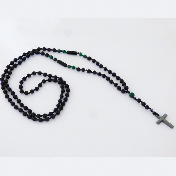 Ανδρικό χειροποίητο Ροζάριο hematite cross - malachite - ημιπολύτιμες πέτρες, σταυρός, κολιέ, ροζάριο, δώρα για άντρες - 4