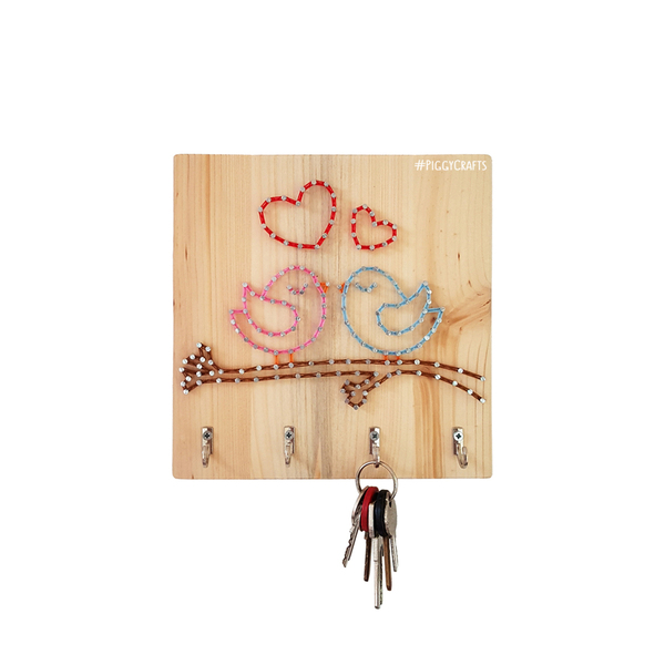 Ξύλινη κλειδοθήκη με καρφιά & κλωστές "Love Birds" 20x20cm - ξύλο, πουλάκια, κλειδί, κλειδοθήκες