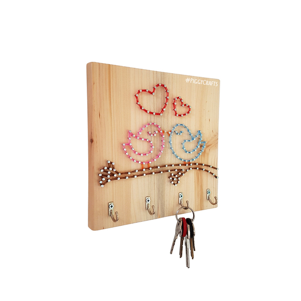 Ξύλινη κλειδοθήκη με καρφιά & κλωστές "Love Birds" 20x20cm - ξύλο, πουλάκια, κλειδί, κλειδοθήκες - 3