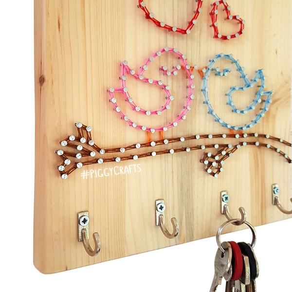 Ξύλινη κλειδοθήκη με καρφιά & κλωστές "Love Birds" 20x20cm - ξύλο, πουλάκια, κλειδί, κλειδοθήκες - 4