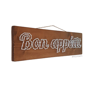 Ξύλινη πινακίδα με καρφιά & κλωστές "Bon Appetit" 40x12cm - ξύλο, ξύλινα διακοσμητικά τοίχου - 3