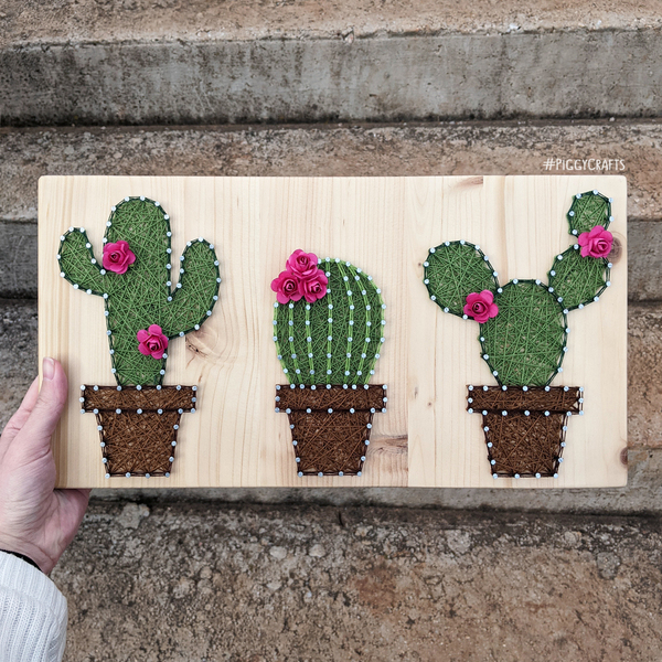 Ξύλινο κάδρο με καρφιά & κλωστές "Cactus" 40x20cm - πίνακες & κάδρα, κάκτος - 2