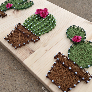 Ξύλινο κάδρο με καρφιά & κλωστές "Cactus" 40x20cm - πίνακες & κάδρα, κάκτος - 3